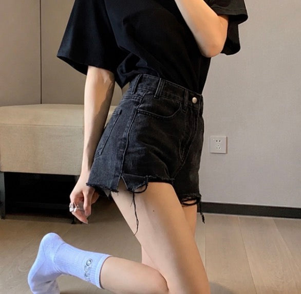 Short en jean taille haute à ourlet brut