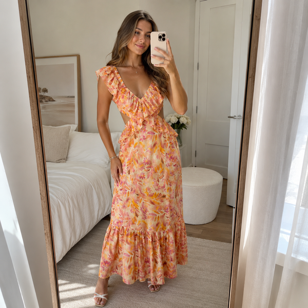 La robe longue Solène à volants
