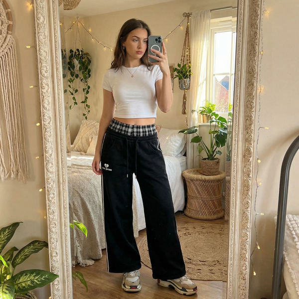 Relaxed Fit Joggers with Plaid Waistband
