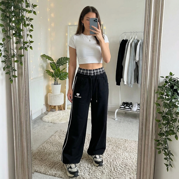 Relaxed Fit Joggers with Plaid Waistband