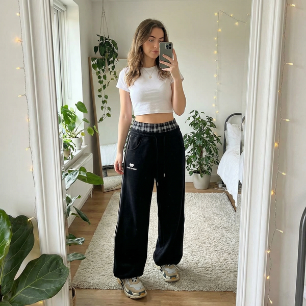 Relaxed Fit Joggers with Plaid Waistband